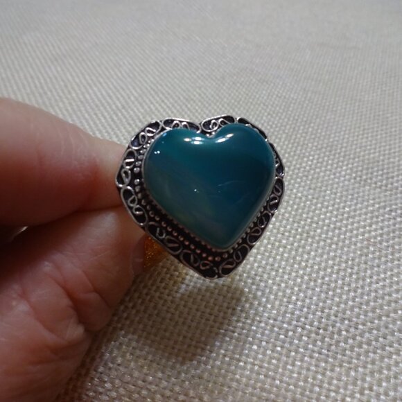 Gorgeous GREEN BOTSWANA AGATE Heart Handmade Ring Size 7 #650C - Picture 2 of 3